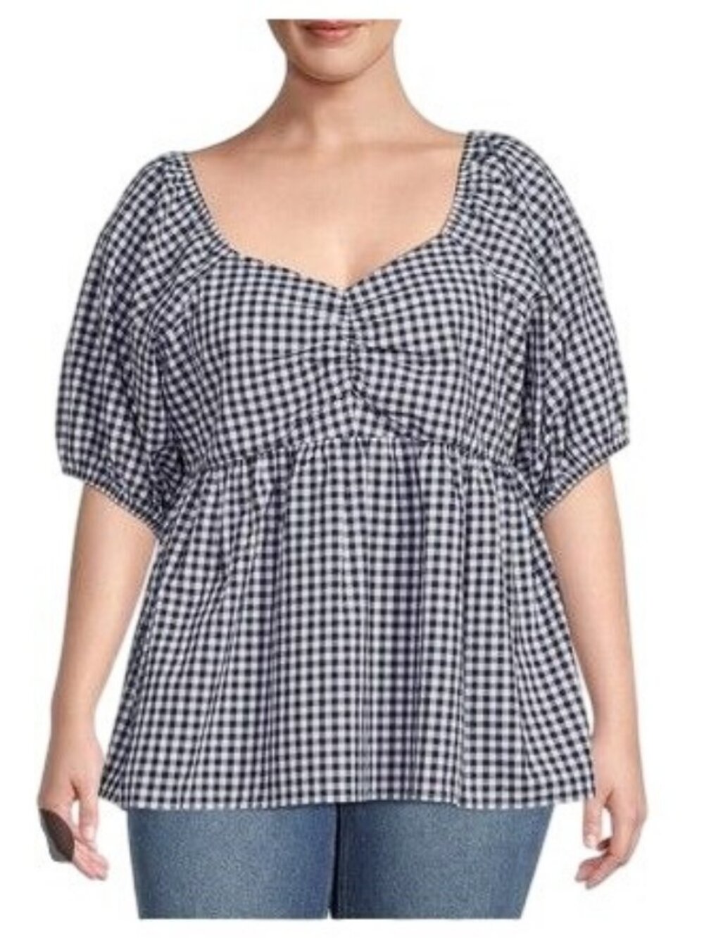 Terra & Sky Women's 3X Cotton Gingham Top w Short Puff Sleeve Black White